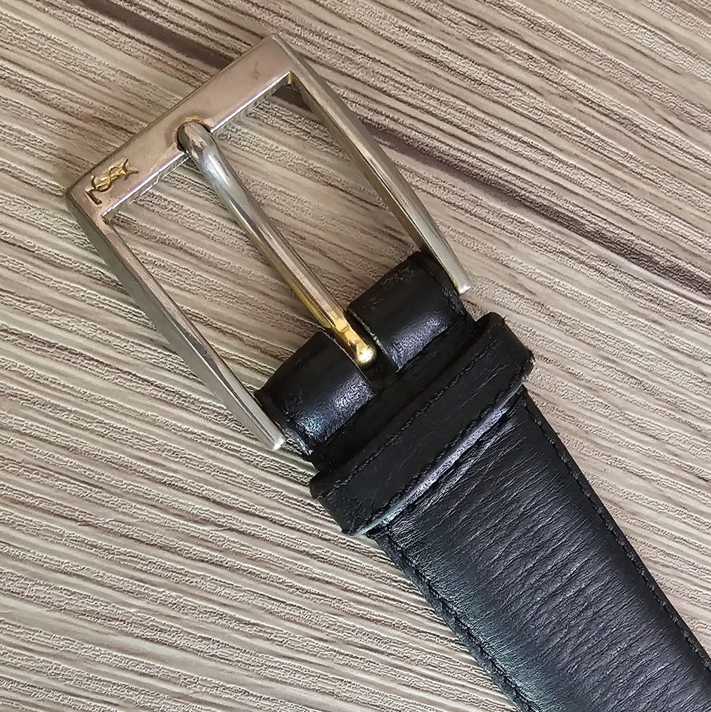 Yves Saint Laurent Black Leather Belt with Silver & Gold Buckle